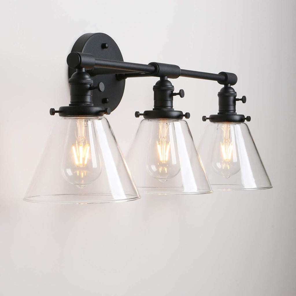 Permo Vintage Industrial Antique Three-Light Wall Sconces with Funnel Flared Clear Glass Shade (Black)