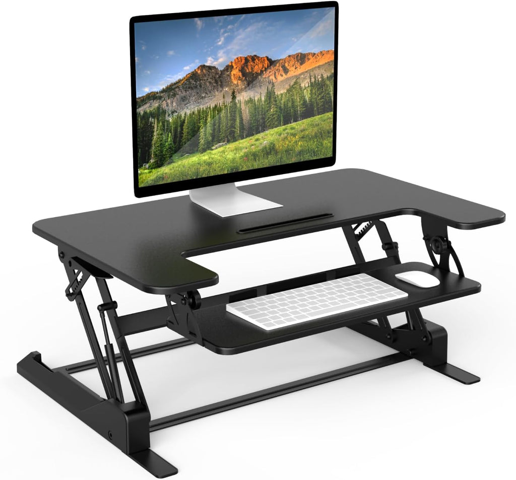 Mount-It! Standing Desk Converter - Height Adjustable Stand Up Desk with Gas Spring Riser - Wide 36 Inch Sit Stand Workstation Fits Dual Monitors – Black (MI-7926)