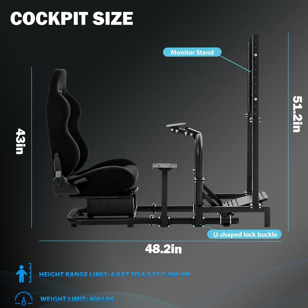 Anman Racing Simulator Cockpit with Monitor Stand and Seat Fit for Logitech G29 G920 G923, for Thrustmaster T248 T300, for Fanatec CSL DD, for Moza Wheel Shifter Pedals NOT Included