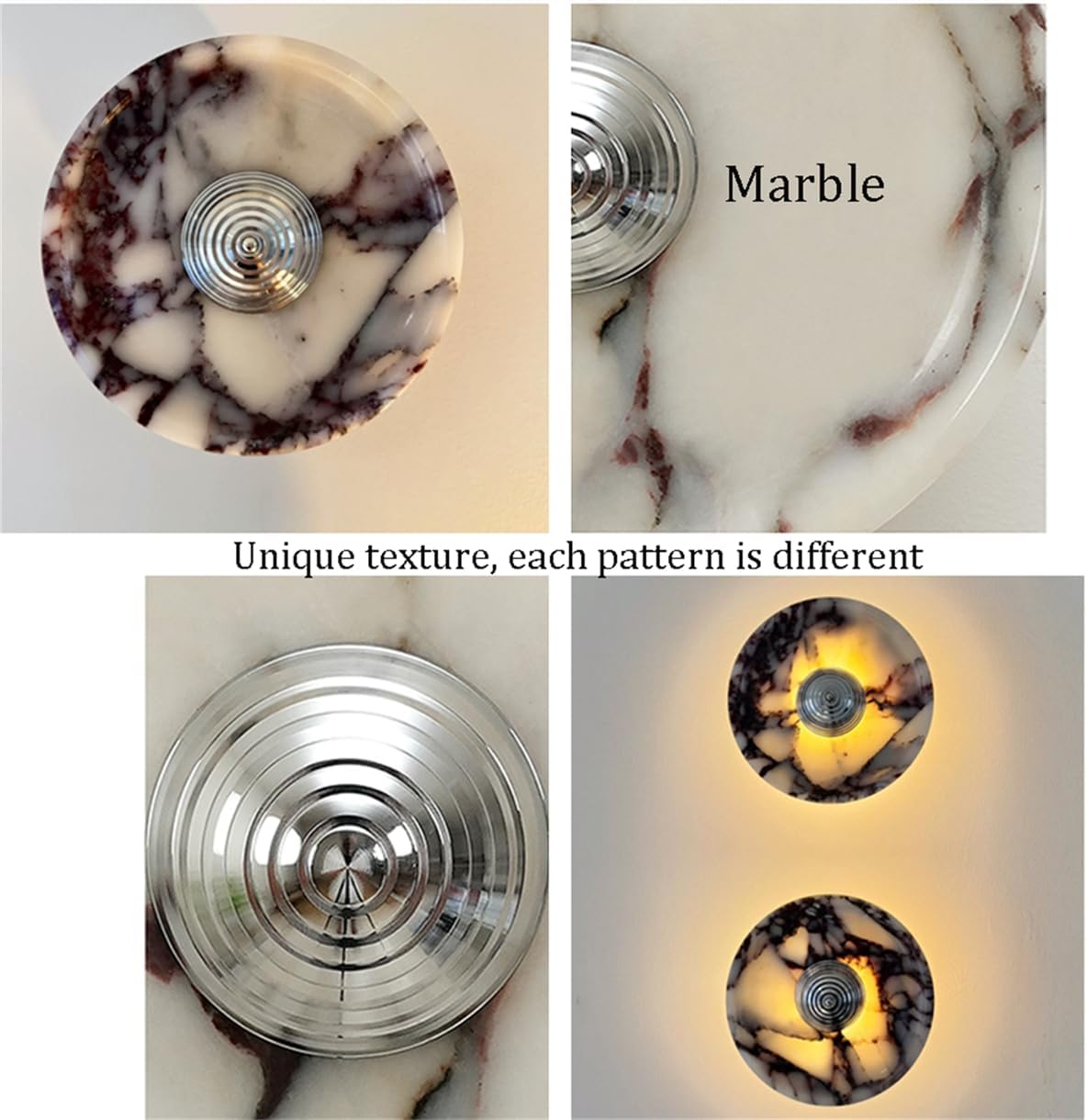 Wabi Vintage Natural Marble Wall Sconce - Circular Alabaster LED Lamp for Bathroom & Home with Gold/Silver Iron Details(Silver)