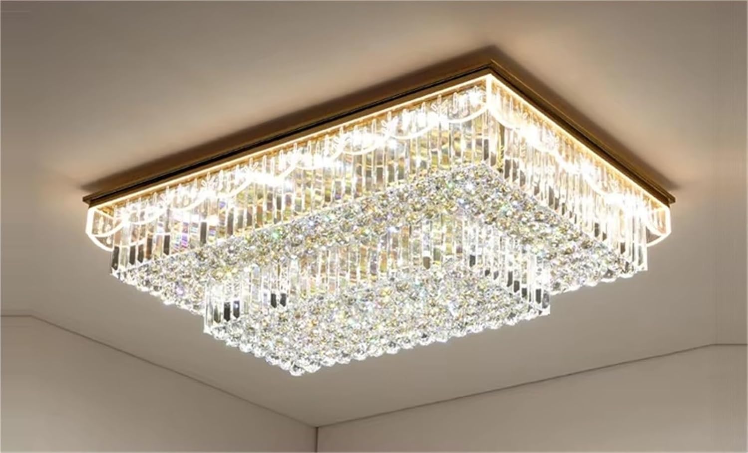 Rectangular Round K9 Crystal Silver Gold Dimmable LED Ceiling Chandelier Lamp Ceiling Lamp for Living Room,Dining Light Fixtures