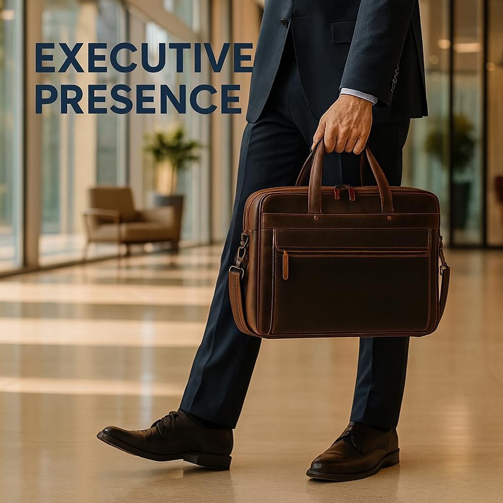 Luxorro Full Grain Leather Briefcase for Men, Top Choice Gifts, Handcrafted Laptop Bag with Multiple Compartments and Brass Hardware, Fits 15.6 Inch Laptop