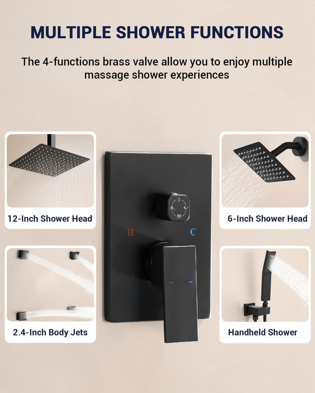 Dual Rainfall Shower Head System with 4 Body Jets, JetsBath Shower Faucet Set Double Shower Head 6-Inch Shower Head & 12' Rain Shower, Luxury Matte Black Shower Faucet Set Tandem Shower Head System