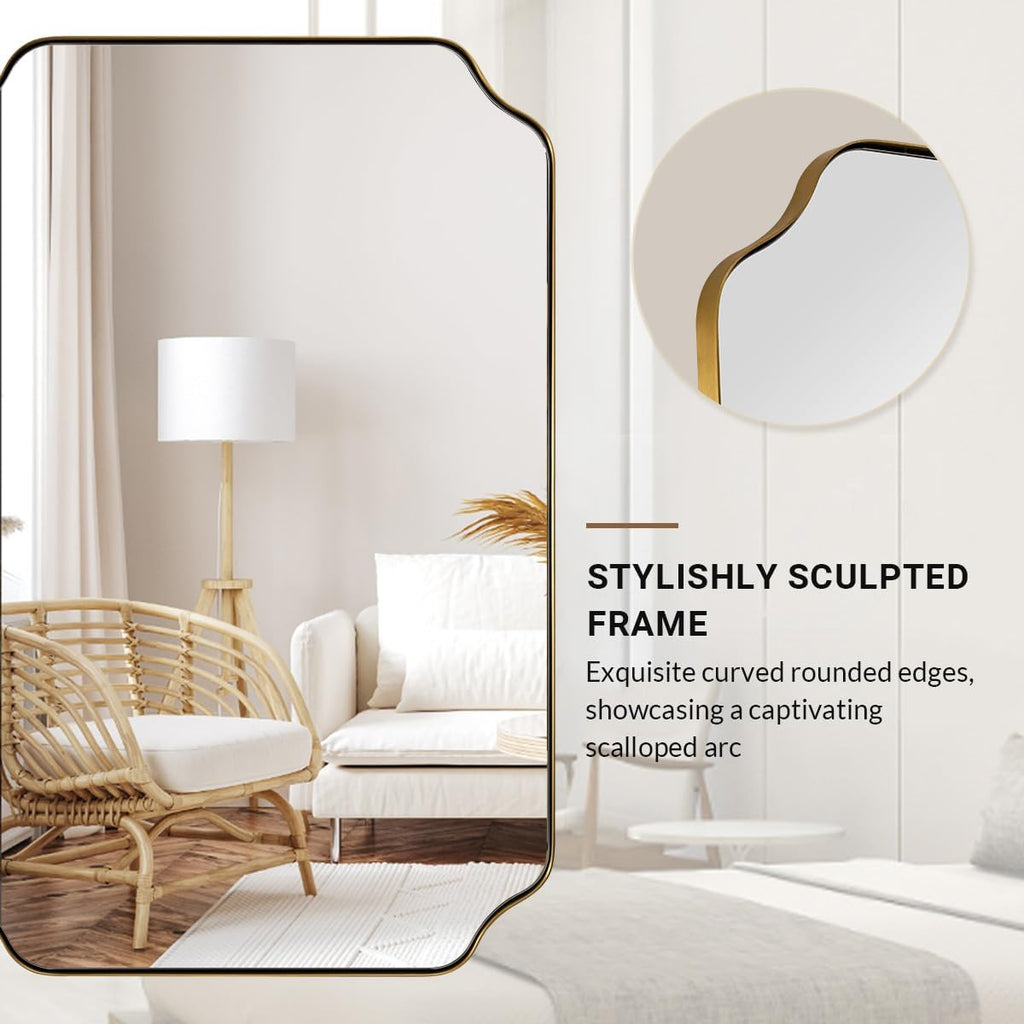 ANDY STAR 30'x40' Gold Bathroom Mirror, Large Scalloped Wall Mirror, Brushed Brass Mirror in Anti-Rust Stainless Steel Metal, Unique Rectangle Shape Decorative for Bathroom, Living Room, Entryway