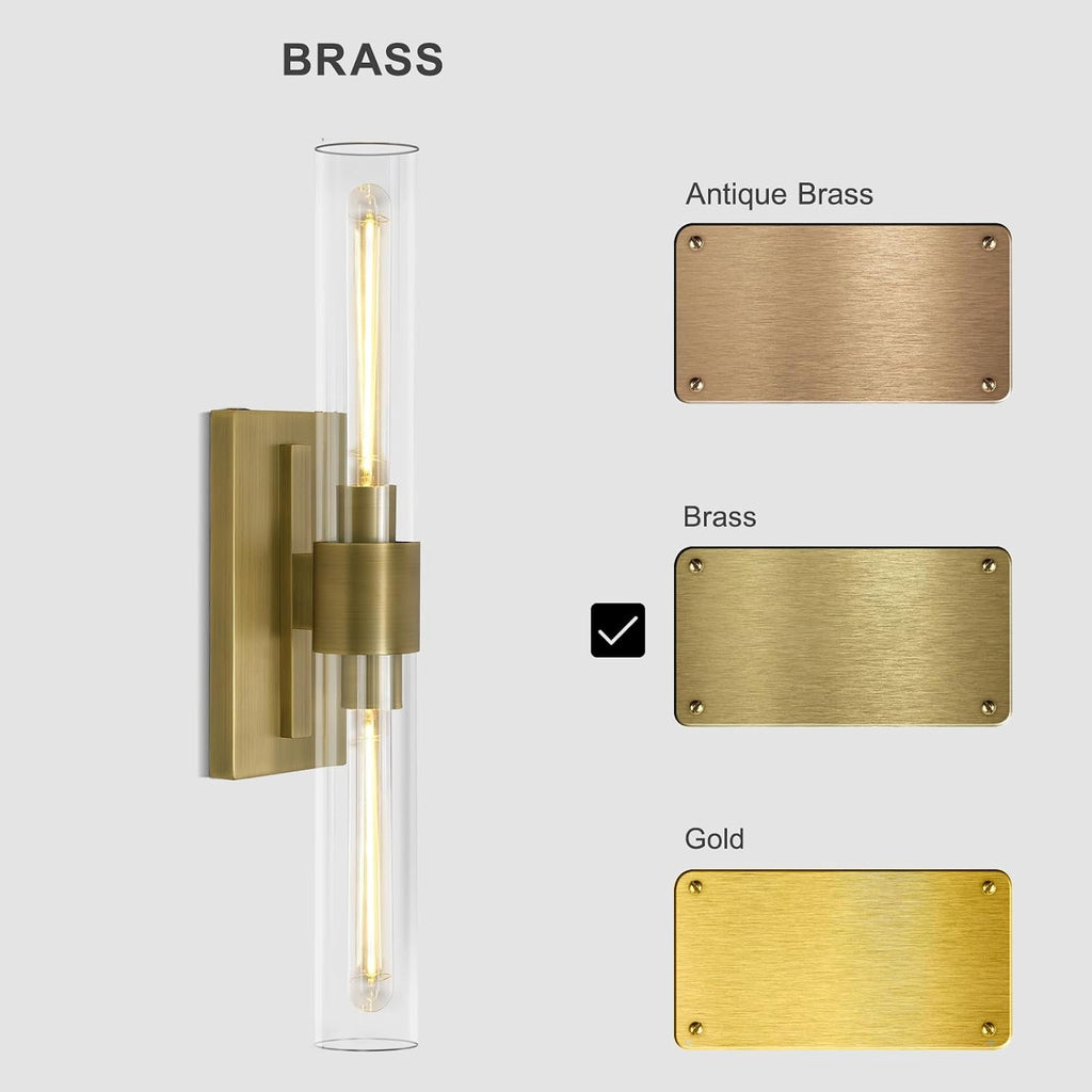 Brass Bathroom Vanity Light, 2-Light Bathroom Wall Sconce Over Mirror, 22.8' Gold Vanity Light for Bathroom, Dimmable Vanity Sconce with Glass Tube, Bathroom Linear Sconce Vertical & Horizontal, 1 PC