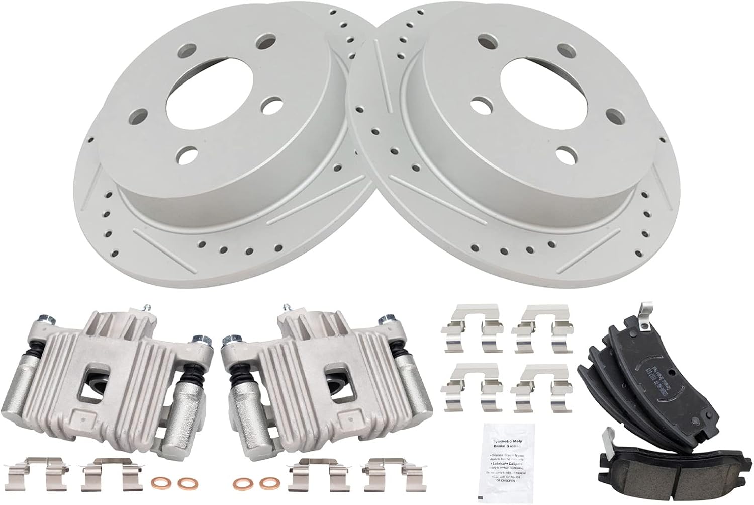 TRQ Performance Rear Brake Pad and Rotor Set Ceramic Solid Rotors Calipers Compatible with 1999-2004 Oldsmobile Alero 1999-2005 Pontiac Grand Am