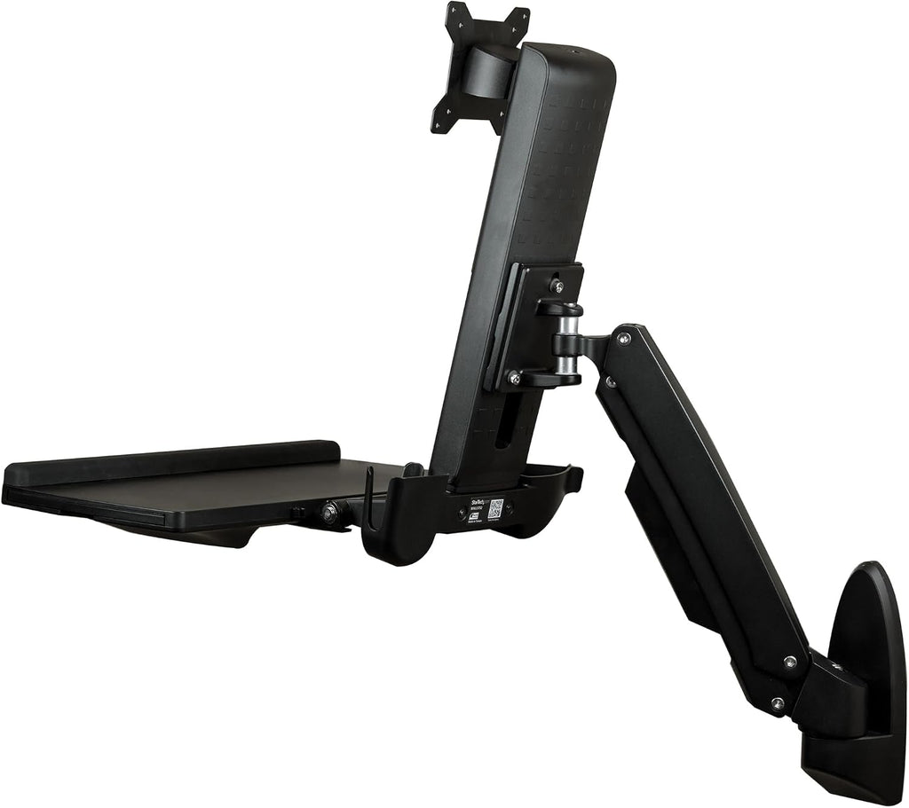 StarTech.com Wall Mount Workstation - Articulating Full Motion Standing Desk with Ergonomic Height Adjustable Monitor & Keyboard Tray Arm - Mouse & Scanner Holders - Single VESA Display, TAA