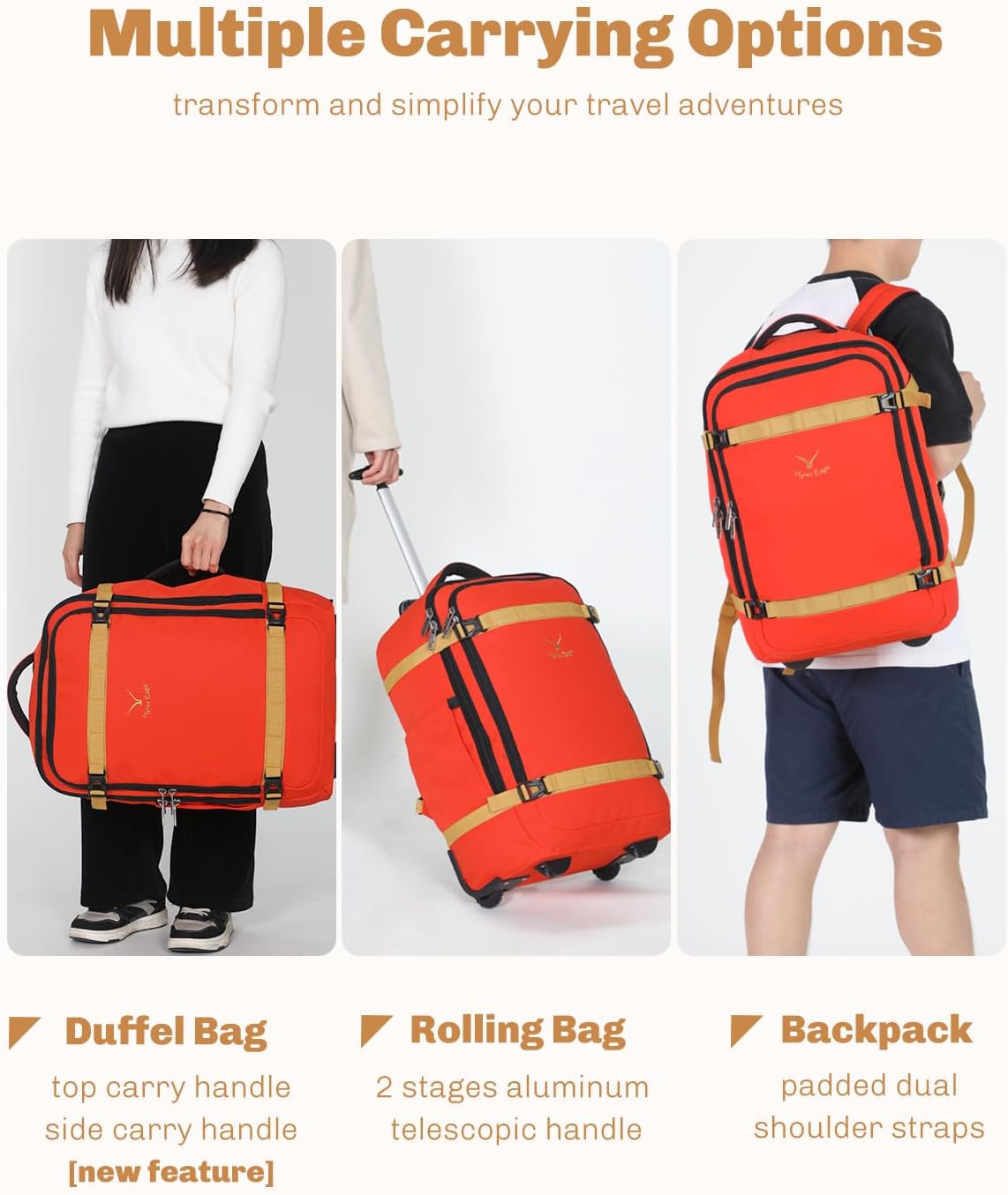 Hynes Eagle Rolling Backpack 42L Backpack with Wheels Airline Approved Carry on Luggage Laptop Travel Suitcase Bag for Women Men Orange