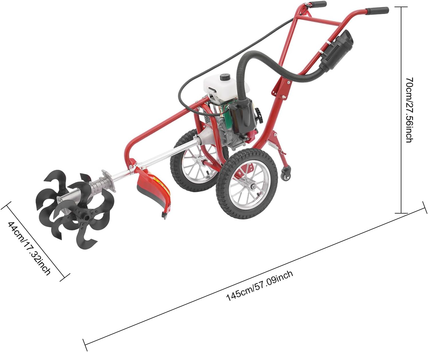 63CC Gas Powered Tiller Cultivator, 4-Stroke Hand Push Micro Cultivator Lawn Mower, 3-in-1 Mowing Tilling Trenching Machine for Farms Parks Lawns Gardens Courtyards (63CC 4-Stroke)
