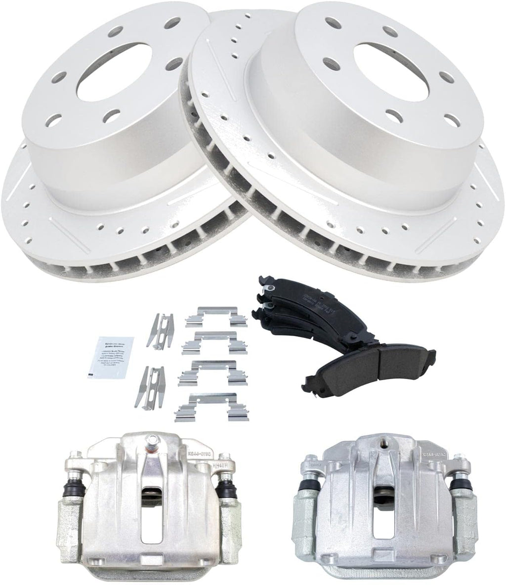 TRQ Performance Rear Brake Pad and Rotor Set Ceramic Slotted Drilled G Coated Vented Rotors Calipers Compatible with 2000-2001 Chevrolet Tahoe GMC Yukon 2002 Sierra 1500