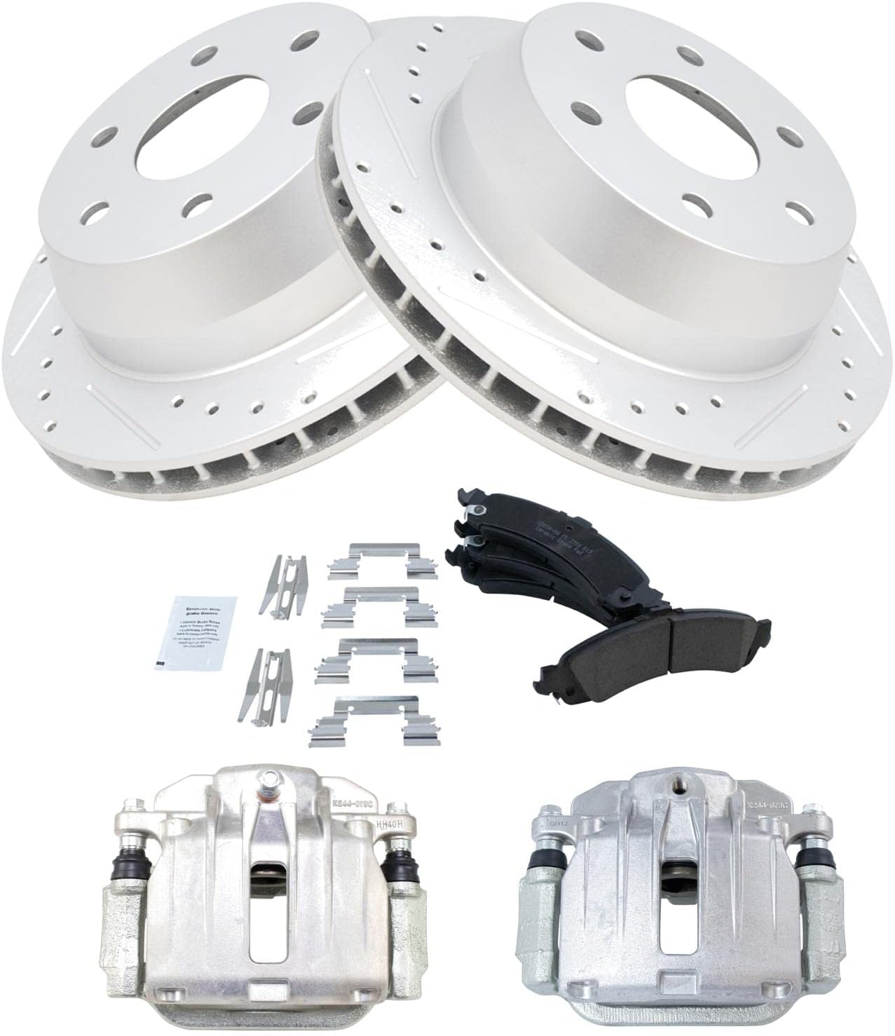 TRQ Performance Rear Brake Pad and Rotor Set Ceramic Slotted Drilled G Coated Vented Rotors Calipers Compatible with 2000-2001 Chevrolet Tahoe GMC Yukon 2002 Sierra 1500