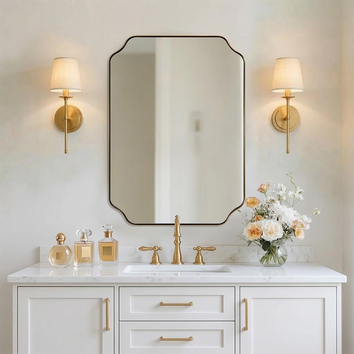 MIRRORART Gold Bathroom Mirrors 24x32 Inch, Brushed Brass Scalloped Mirrors for Bathroom, Notched Corner Rectangle Mirror in 1'' Stainless Steel Metal Frame Hang Vertical/Horizontal Home Remodel
