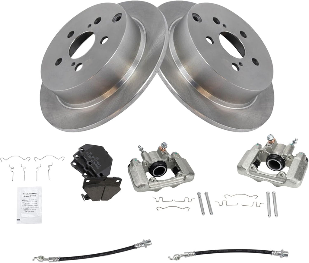 TRQ Rear Brake Pad and Rotor Set Ceramic Rotors Calipers Hoses Compatible with 2000-2005 Toyota Celica