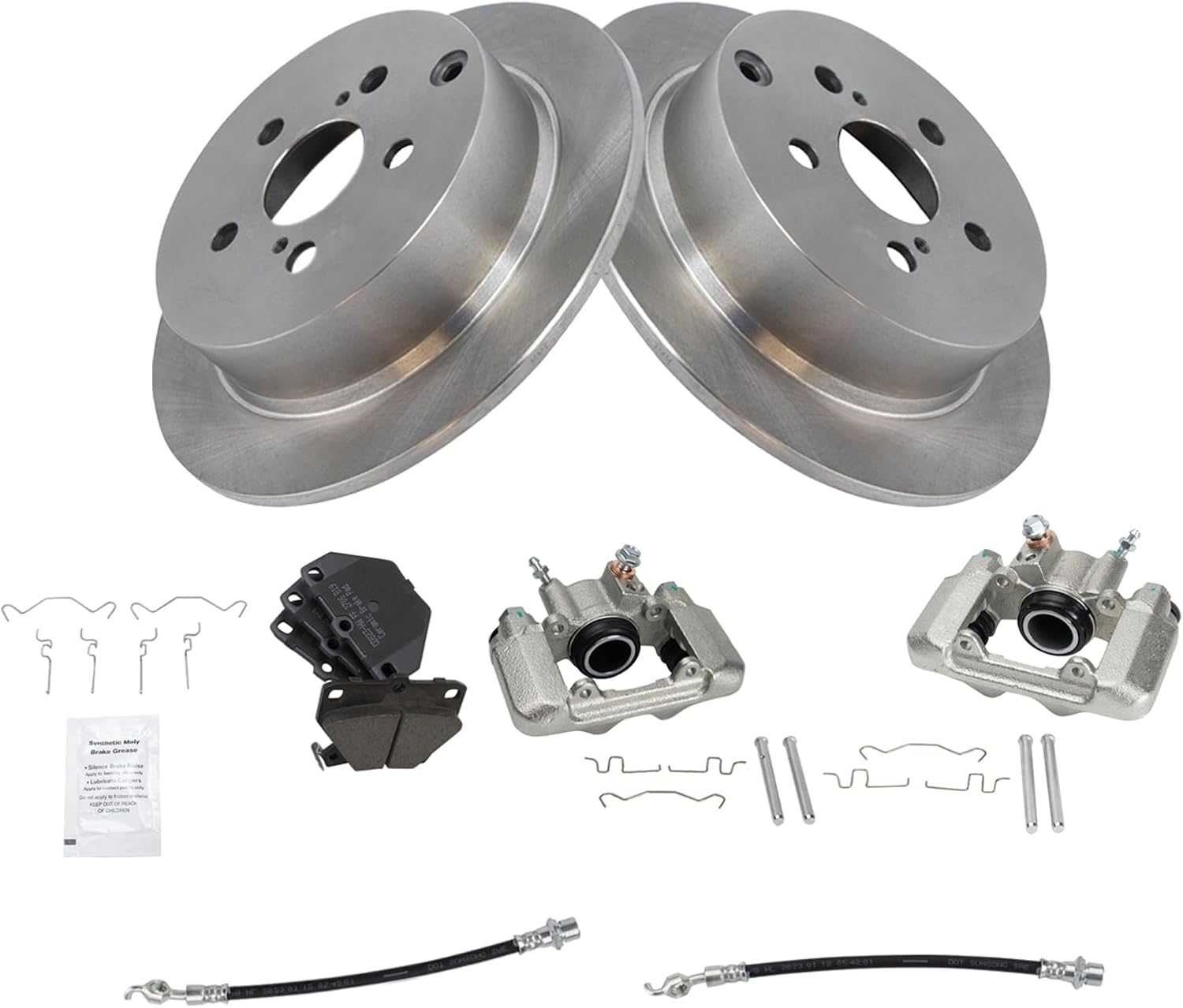 TRQ Rear Brake Pad and Rotor Set Ceramic Rotors Calipers Hoses Compatible with 2000-2005 Toyota Celica