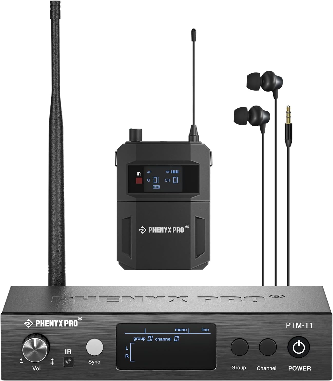 Phenyx Pro UHF Mono Wireless in-Ear Monitor System, Metal Wireless IEM System, Bodypack Receiver, 50 Adjustable Frequencies, Separate Outputs, 164ft Operation, Suitable for Band and Studio (PTM-11)