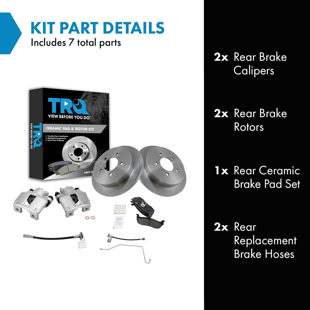 TRQ Rear Brake Pad and Rotor Set Ceramic Rotors Calipers Hoses Compatible with 1999-2003 Ford F-150 2004 F-150 Heritage