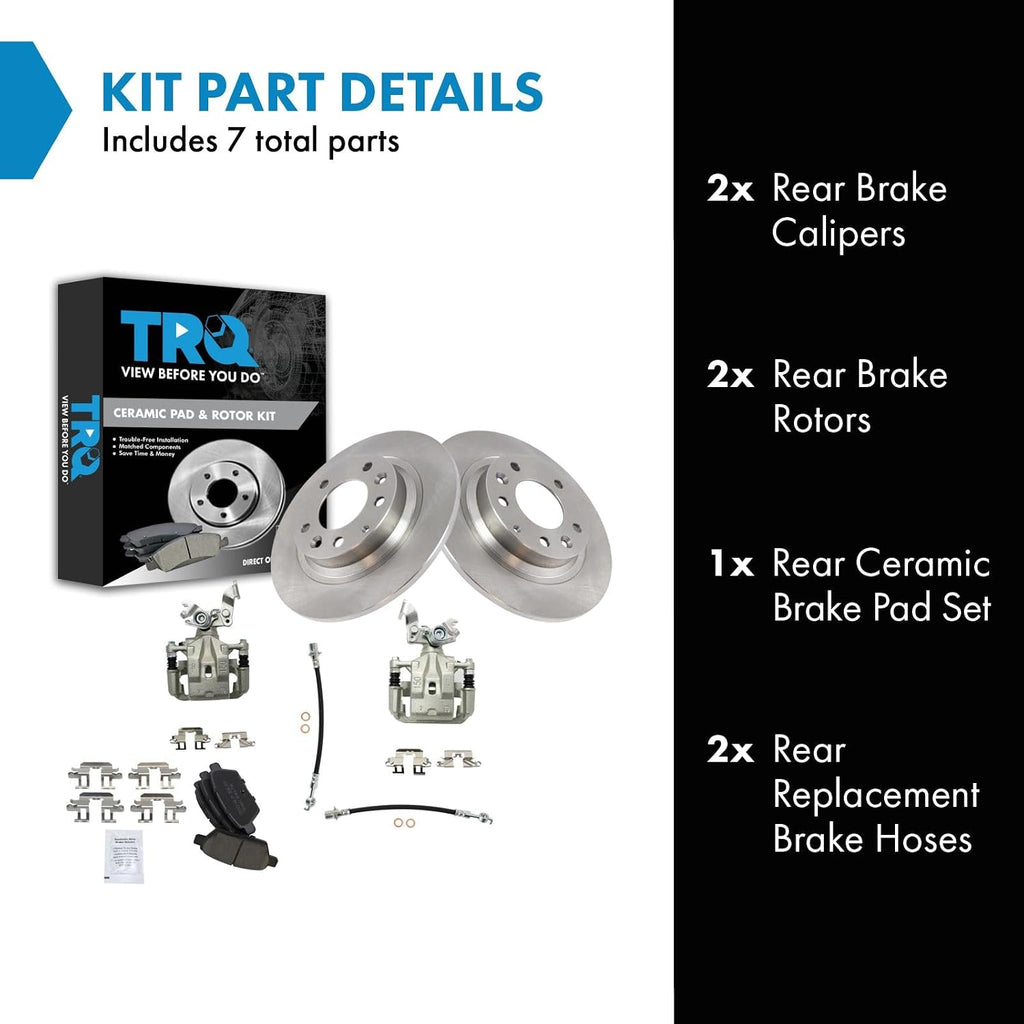 TRQ Rear Brake Pad and Rotor Set Ceramic Rotors Calipers Hoses Compatible with 2009-2012 Ford Fusion Lincoln MKZ 2009-2011 Mercury Milan