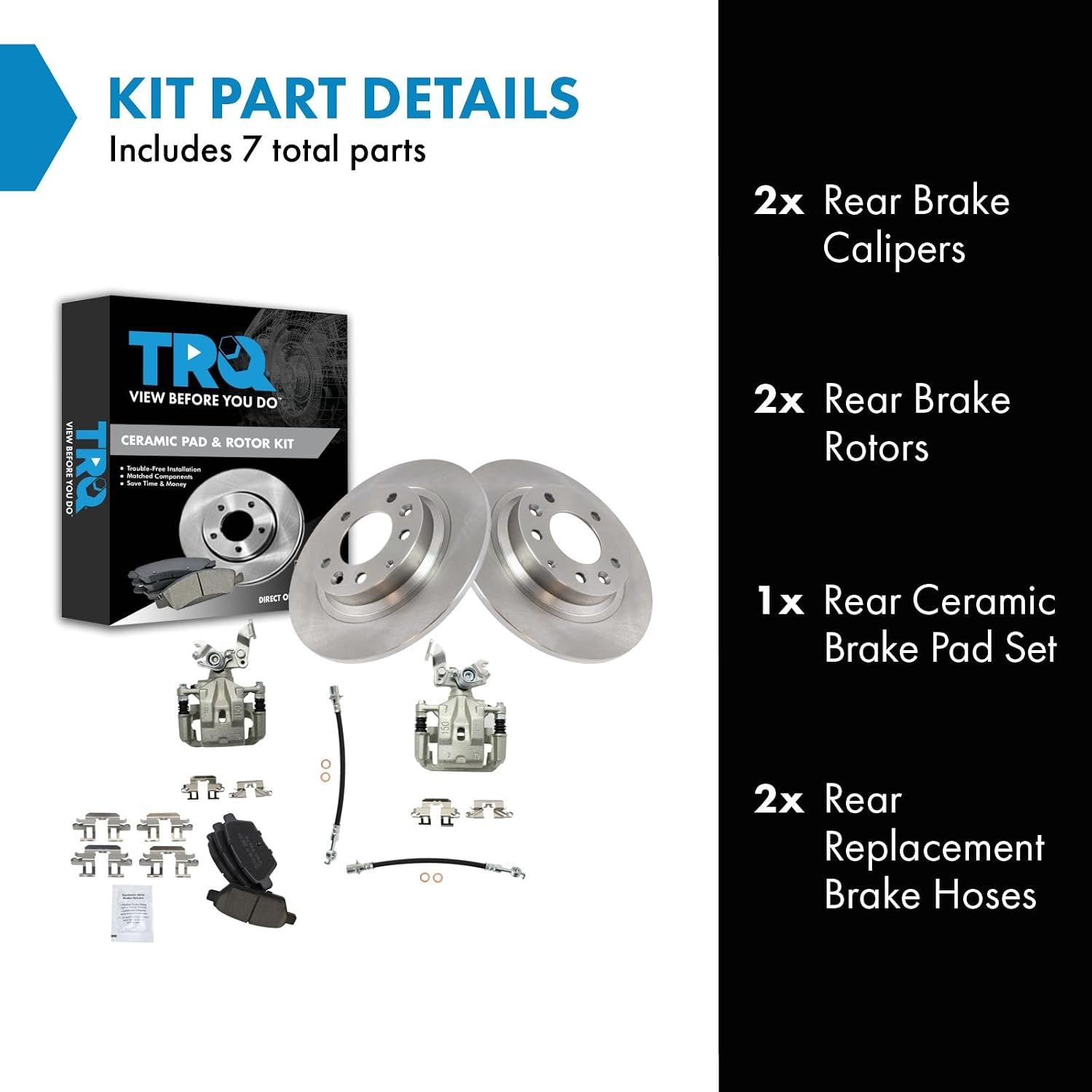 TRQ Rear Brake Pad and Rotor Set Ceramic Rotors Calipers Hoses Compatible with 2009-2012 Ford Fusion Lincoln MKZ 2009-2011 Mercury Milan
