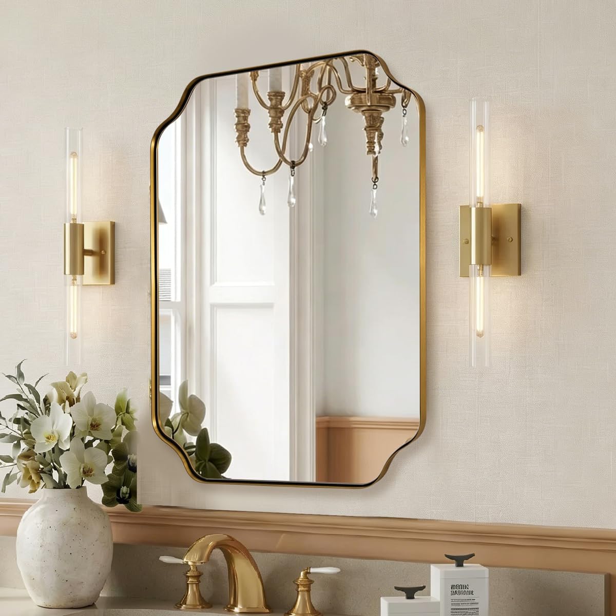 MIRRORART Gold Bathroom Mirrors 22x30'', Scalloped Brass Vanity Mirrors Rounded Notched Corner in 1'' Anti-Rust Seamless SUS304 Metal Frame Wall Mounted Vertical/Horizontal for Bathroom, Over Sinks
