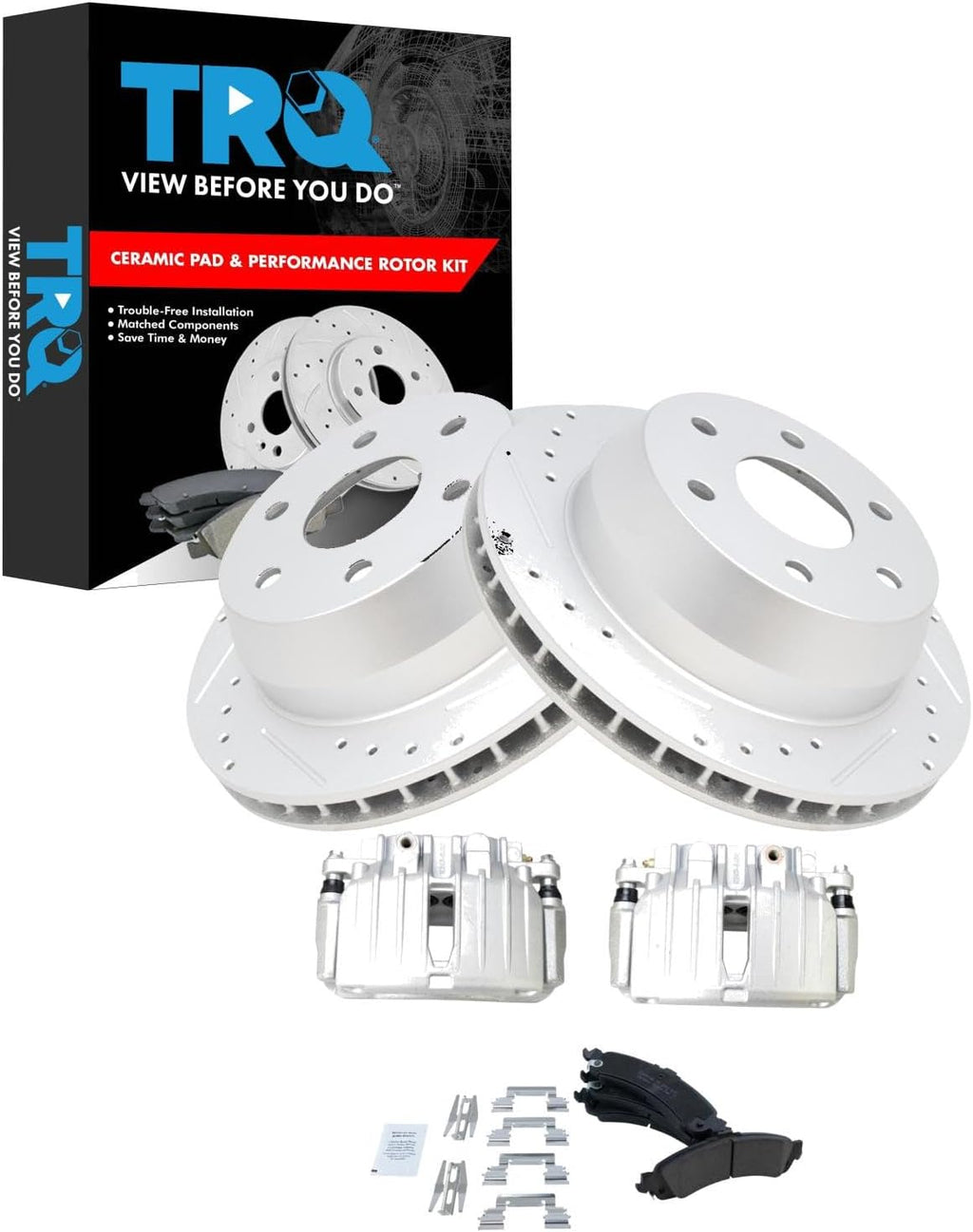 TRQ Performance Rear Brake Pad & Rotor Set Ceramic Coated Drilled Slotted Solid Rotors Calipers for 02-06 Cadillac Escalade Chevrolet Avalanche Silverado Suburban Tahoe GMC Sierra Yukon XL 1500