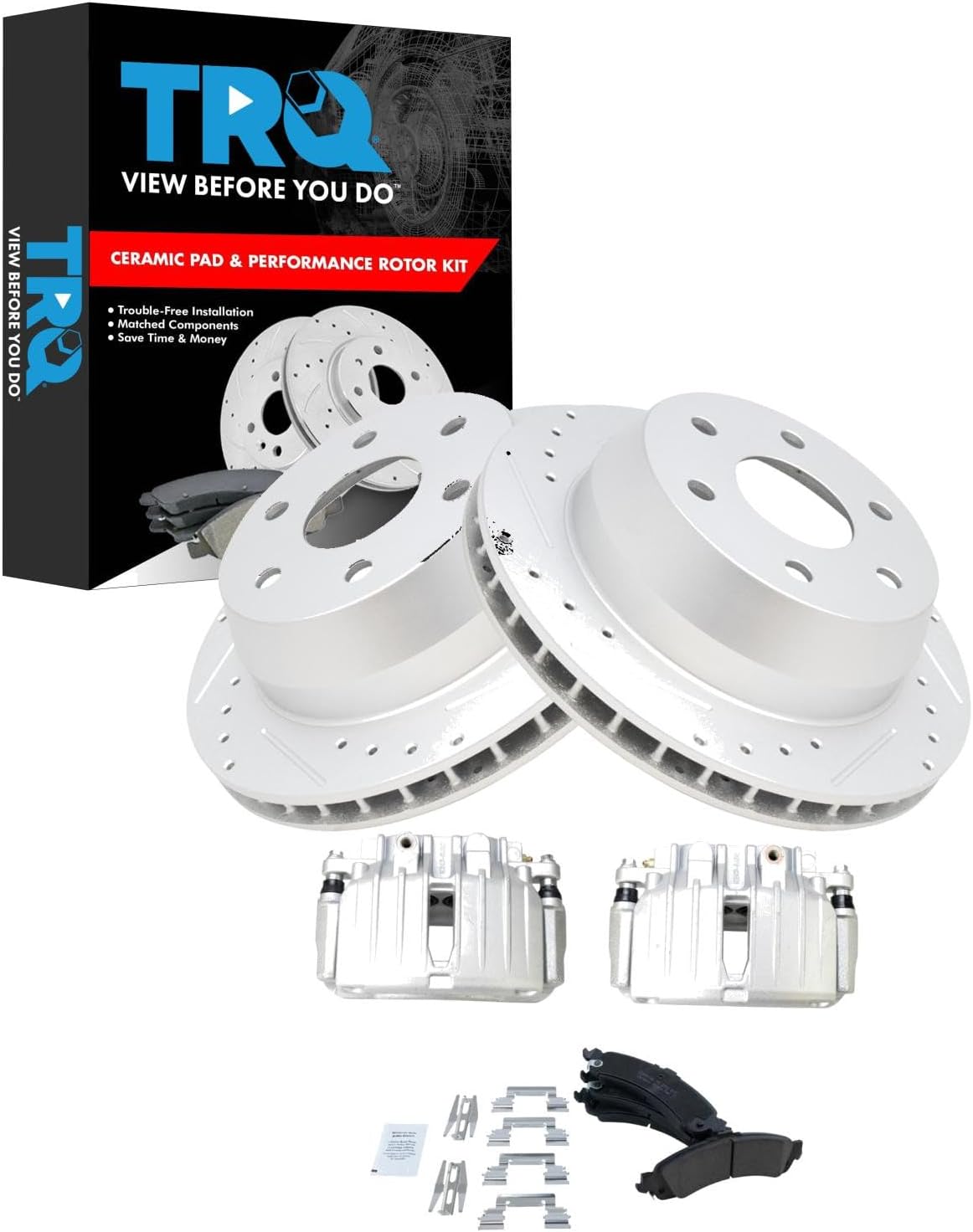 TRQ Performance Rear Brake Pad & Rotor Set Ceramic Coated Drilled Slotted Solid Rotors Calipers for 02-06 Cadillac Escalade Chevrolet Avalanche Silverado Suburban Tahoe GMC Sierra Yukon XL 1500