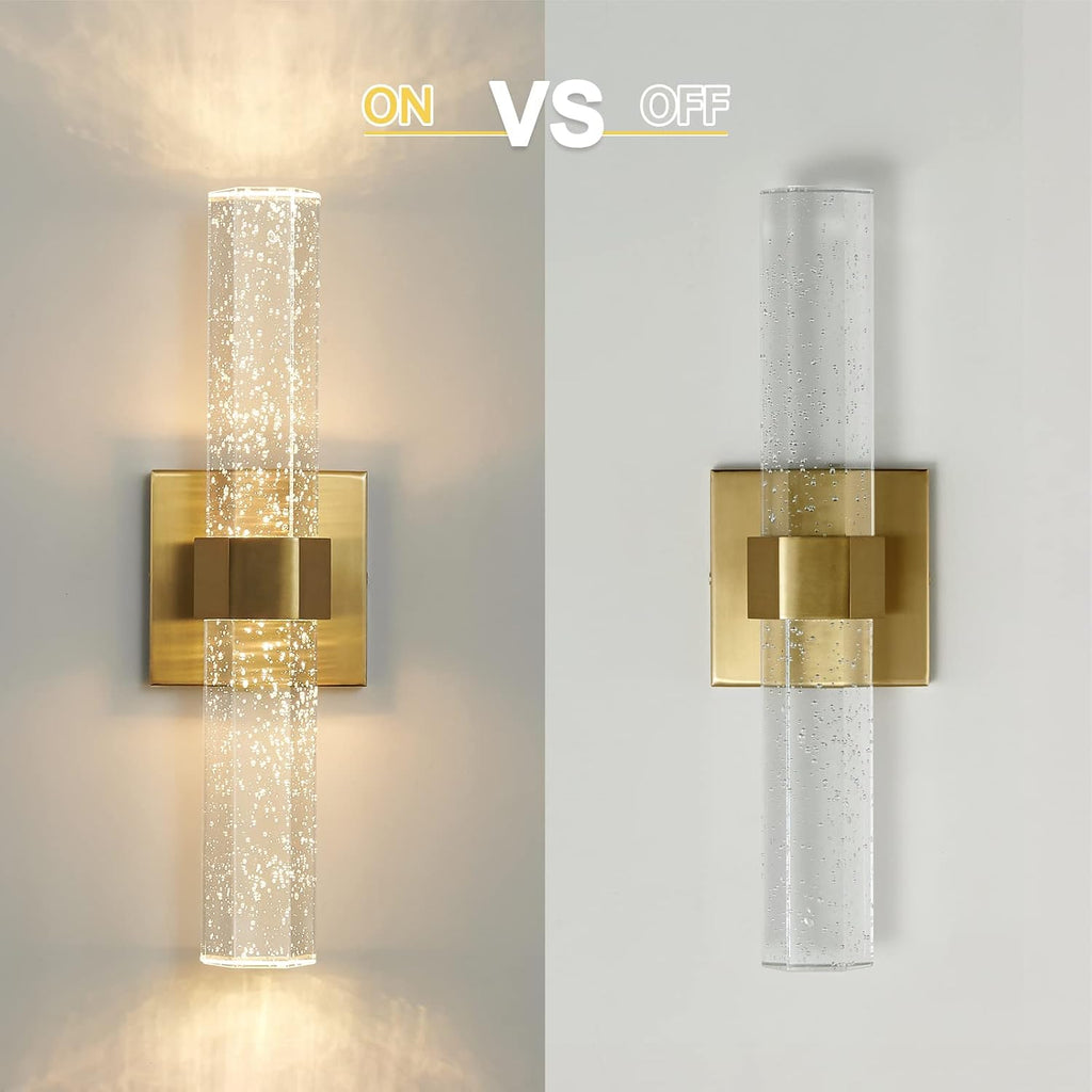 Epinl Gold Wall Sconces Set of Two - Bathroom Sconces Wall Lighting 14W Dimmable LED Crystal Wall Light with Bubble Glass 15.7inch Indoor Vanity Lights for Bathroom Hallway Bedroom (2 Pack)