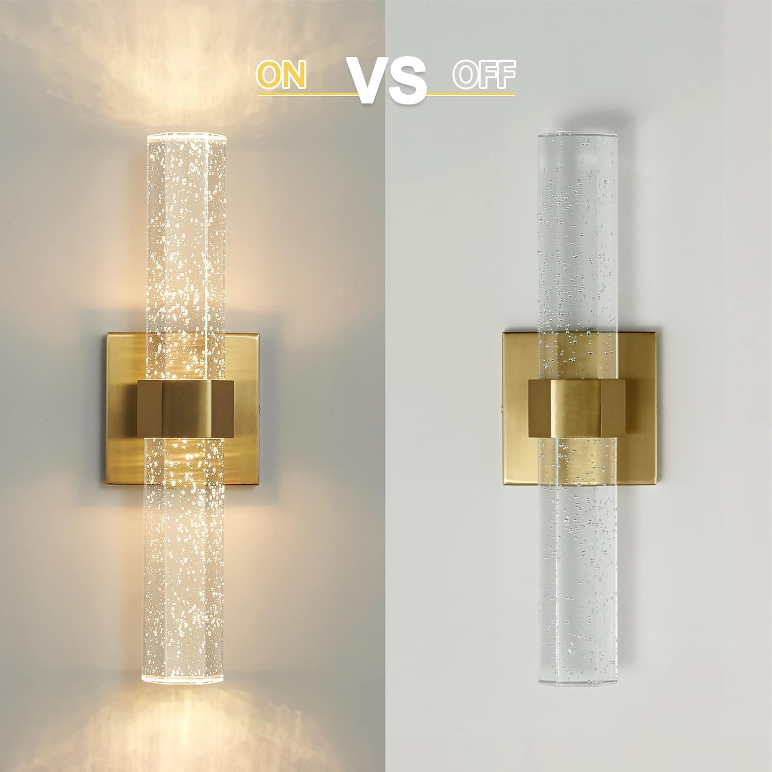Epinl Gold Wall Sconces Set of Two - Bathroom Sconces Wall Lighting 14W Dimmable LED Crystal Wall Light with Bubble Glass 15.7inch Indoor Vanity Lights for Bathroom Hallway Bedroom (2 Pack)