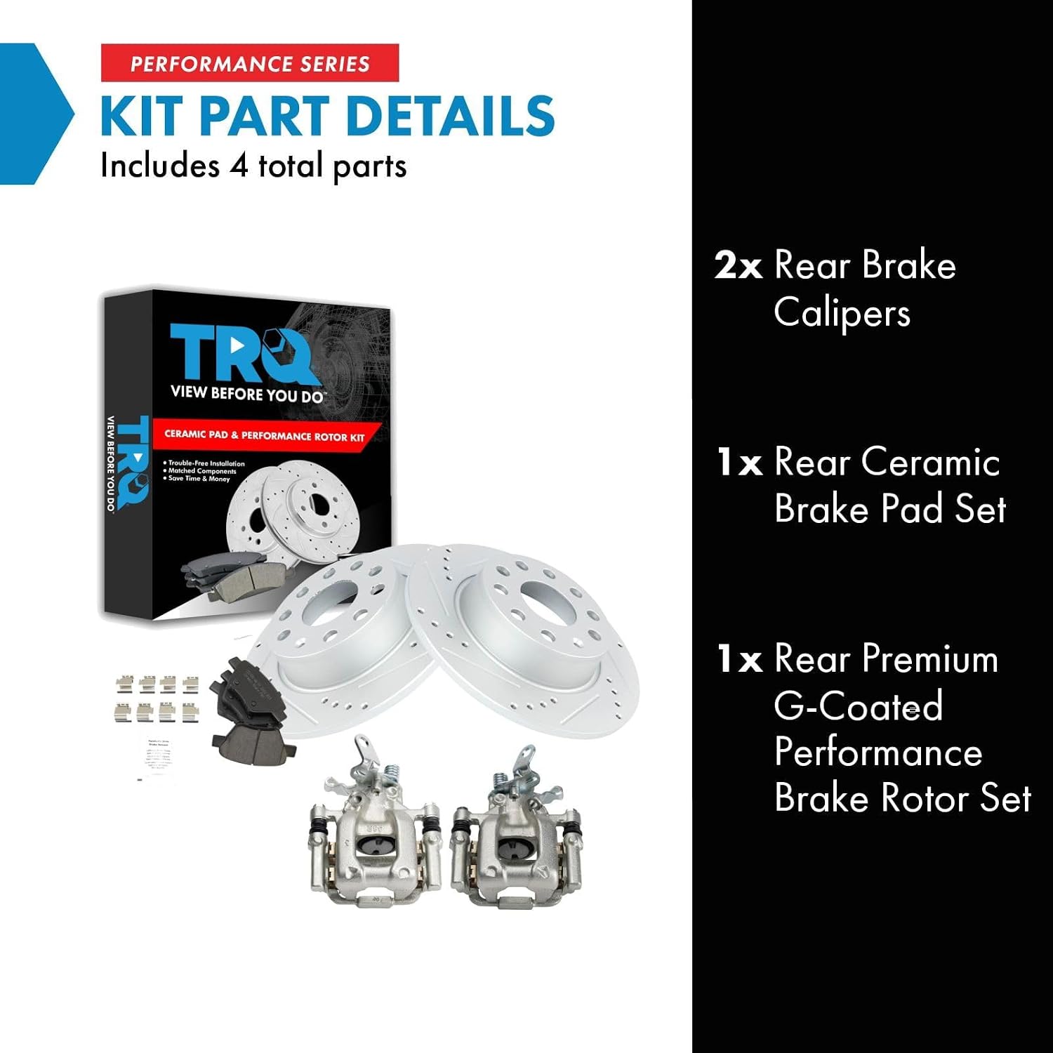 TRQ Performance Rear Brake Pad & Rotor Set Ceramic Drilled Rotors Calipers Compatible with 10-13 Audi A3 & Quattro 10-16 Volkswagen Eos 10-14 Golf Jetta 2012 Beetle 12-15 Passat 12-13 GTI