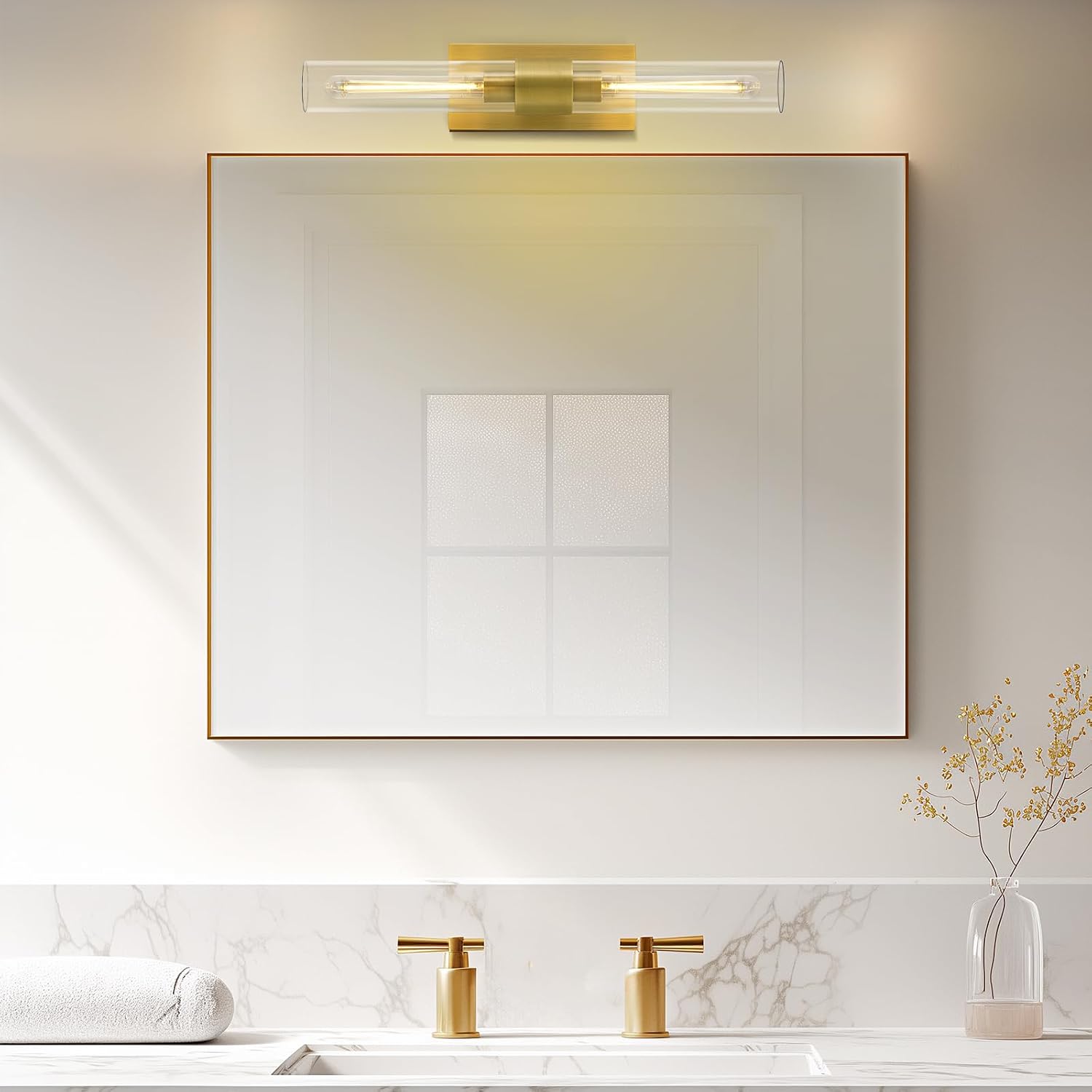 Brass Bathroom Vanity Light, 2-Light Bathroom Wall Sconce Over Mirror, 22.8' Gold Vanity Light for Bathroom, Dimmable Vanity Sconce with Glass Tube, Bathroom Linear Sconce Vertical & Horizontal, 1 PC