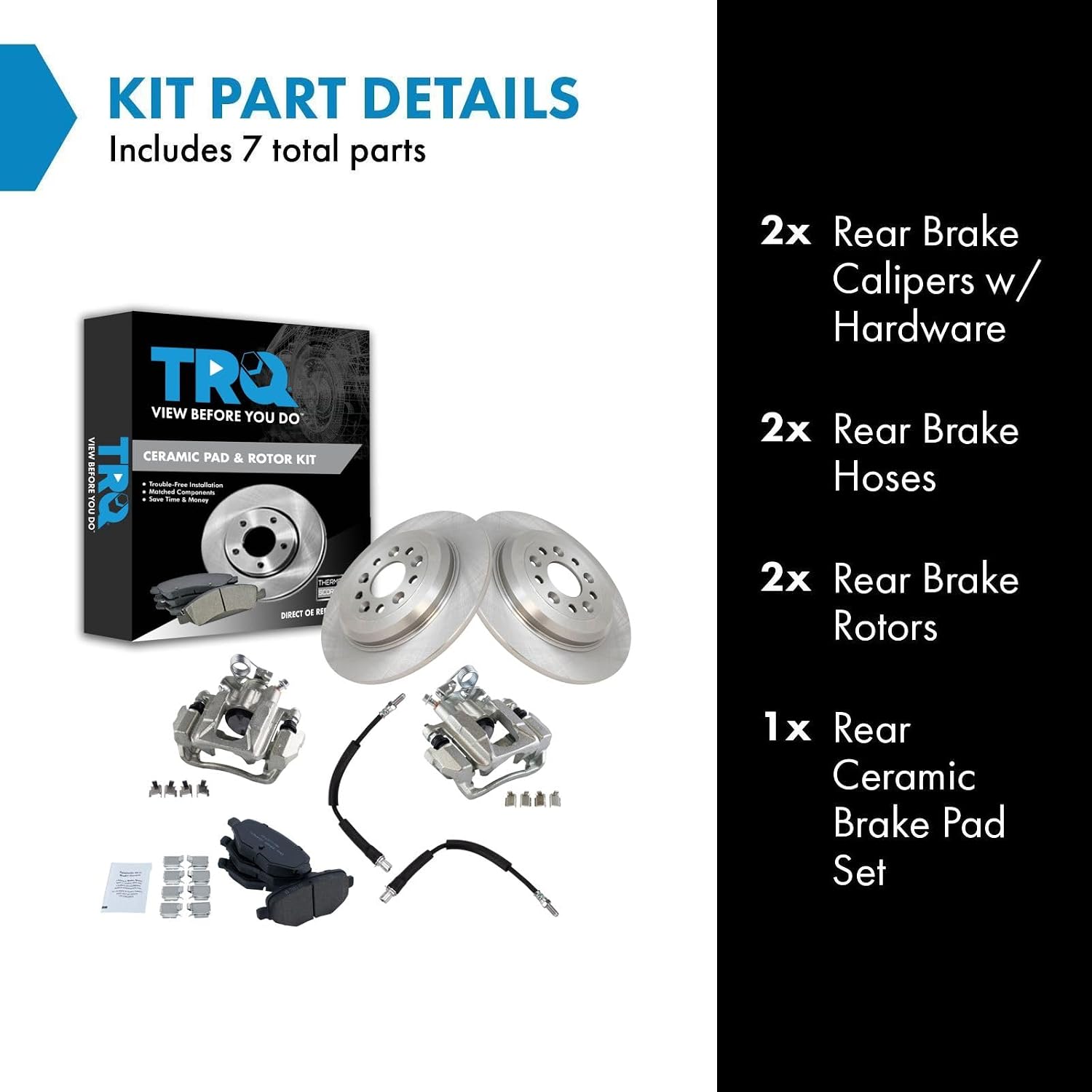 TRQ Rear Brake Pad and Rotor Set Ceramic Rotors Calipers Hoses Compatible with 2010-2012 Ford Flex 2013-2018 Taurus 2010-2013 Lincoln MKT