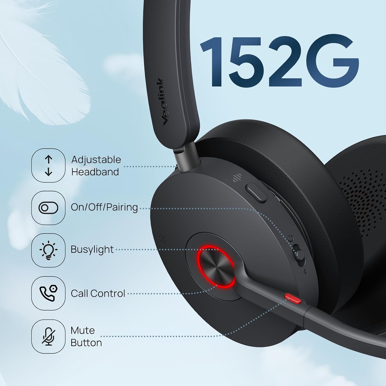 Yealink BH74 UC ANC Bluetooth Headset with Microphone for Hybrid Work, Microsoft Teams Premium Open Ofﬁce Certified Headsets with 6-mics Active Noise Cancellation, Zoom Certified, 65H, Charging Stand