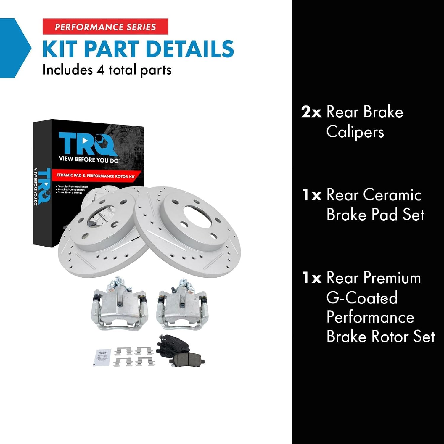 TRQ Performance Rear Brake Pad & Rotor Set Ceramic Drilled Slotted Coated Rotors Calipers Compatible with 05-09 Buick LaCrosse 11-13 Chevrolet Impala 14-16 Impala Limited 05-08 Pontiac Grand Prix