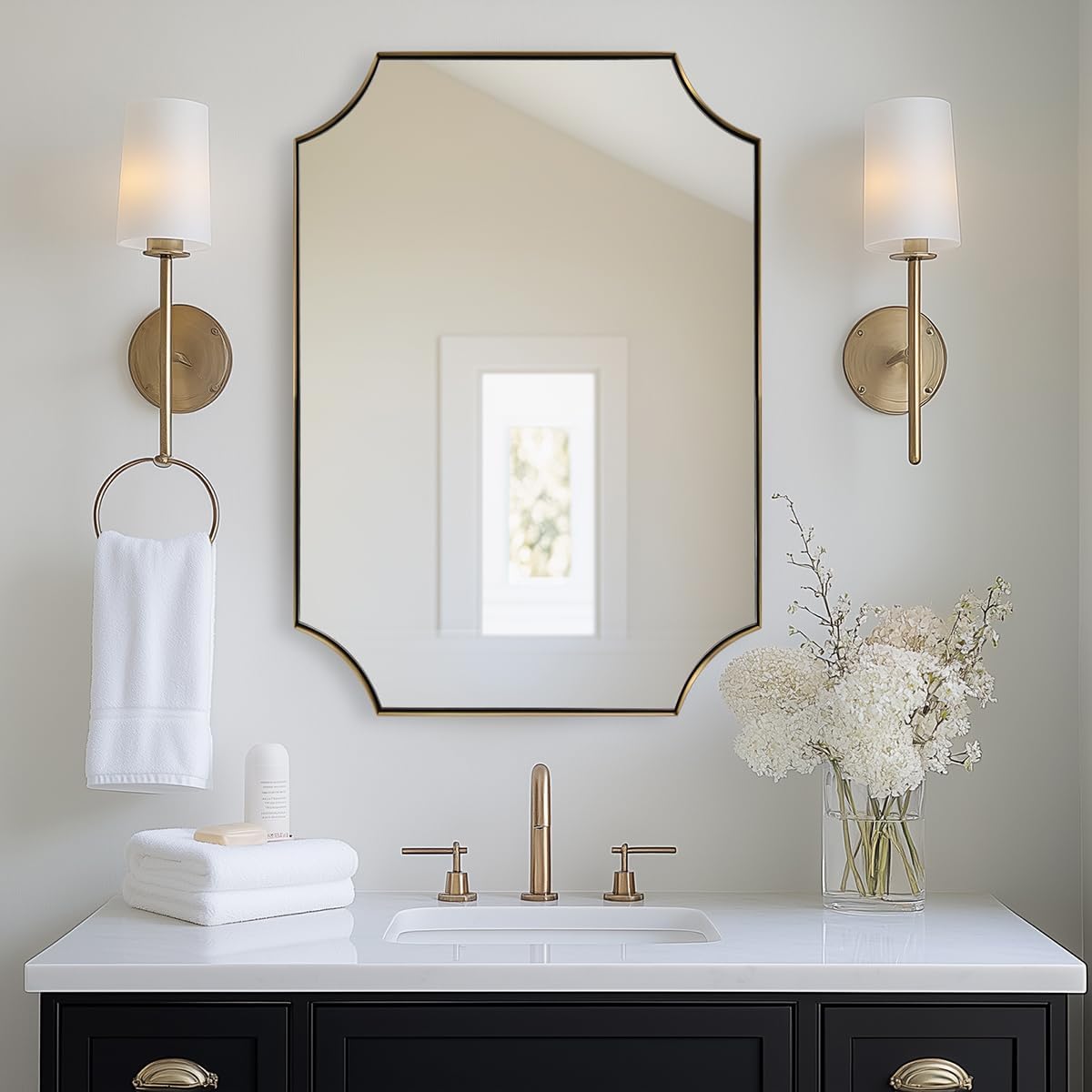 MIRRORART Scalloped Gold Bathroom Mirror 24x32'', Contemporary Notched Corner Mirror, Rectangle Brass Mirrors for Bathroom in 1'' Stainless Steel Metal Frame Hang Vertical/Horizontal for Home Decor
