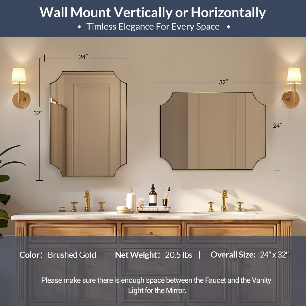 MIRRORART Scalloped Gold Bathroom Mirror 24x32'', Contemporary Notched Corner Mirror, Rectangle Brass Mirrors for Bathroom in 1'' Stainless Steel Metal Frame Hang Vertical/Horizontal for Home Decor