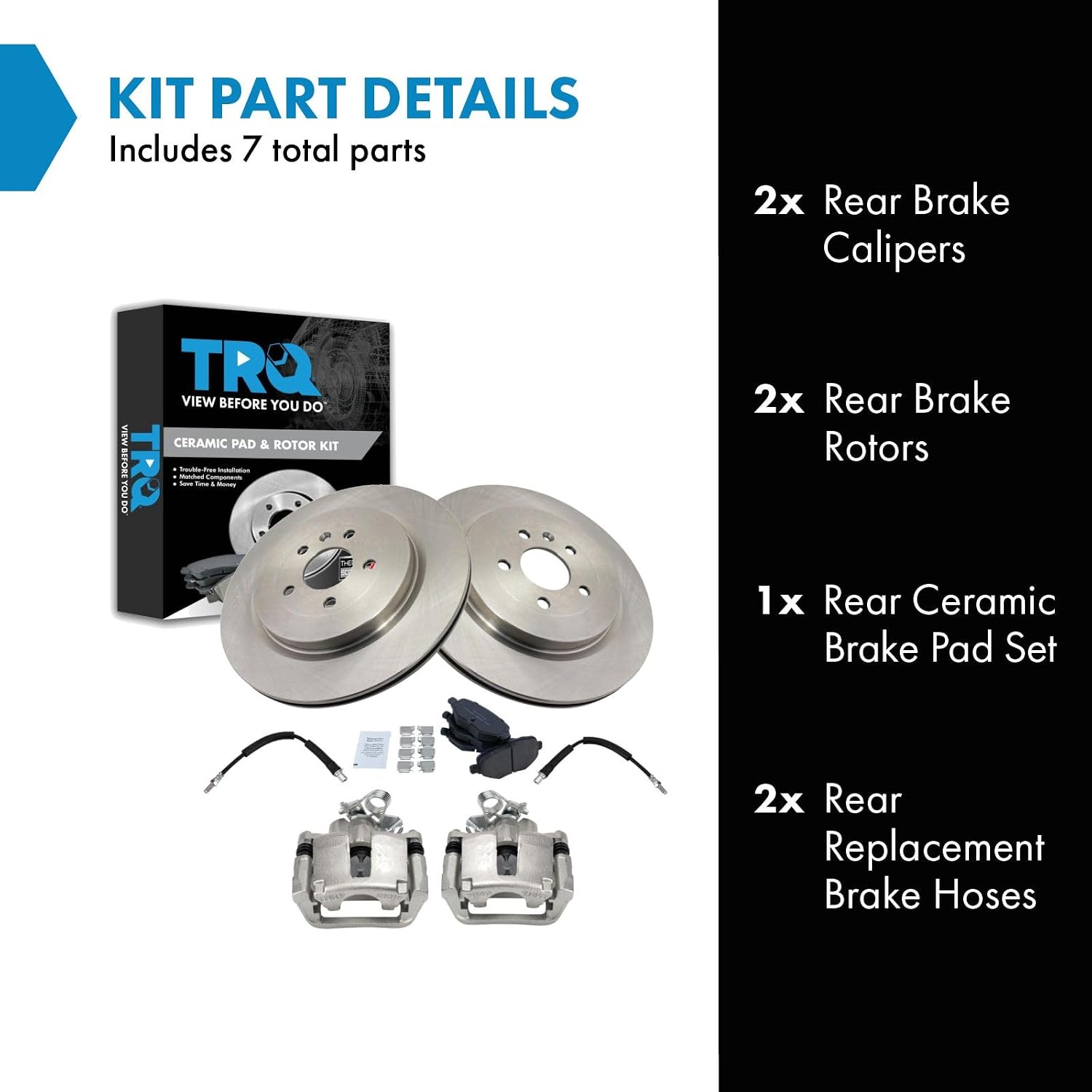 TRQ Rear Brake Pad and Rotor Set Ceramic Rotors Calipers Hoses Compatible with 2013-2018 Ford Flex Taurus 2015-2018 Lincoln MKT