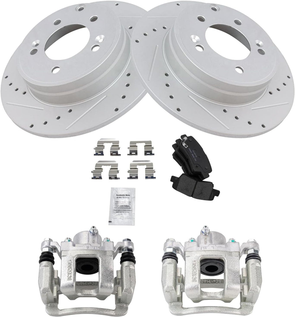 TRQ Performance Rear Brake Pad and Rotor Set Ceramic Solid Rotors Calipers Compatible with 2011-2014 Hyundai Sonata 2011-2015 Kia Optima
