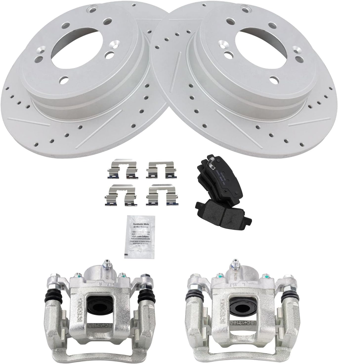 TRQ Performance Rear Brake Pad and Rotor Set Ceramic Solid Rotors Calipers Compatible with 2011-2014 Hyundai Sonata 2011-2015 Kia Optima