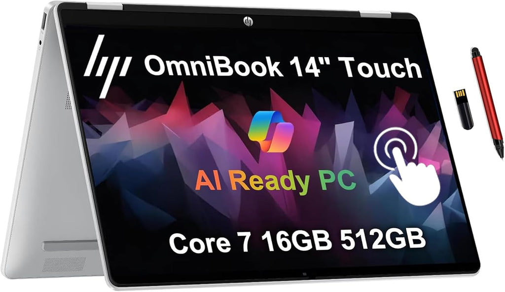 HP OmniBook 5 Flip 2-in-1 14' 2K Touchscreen Laptop, Intel 10-Core 7 150U, 16GB LPDDR5 RAM, 512GB SSD, Intel Graphics, Copilot, Backlit Keyboard, Wi-Fi 6E, Windows 11, Glacier Silver, EAT 16GB USB PEN