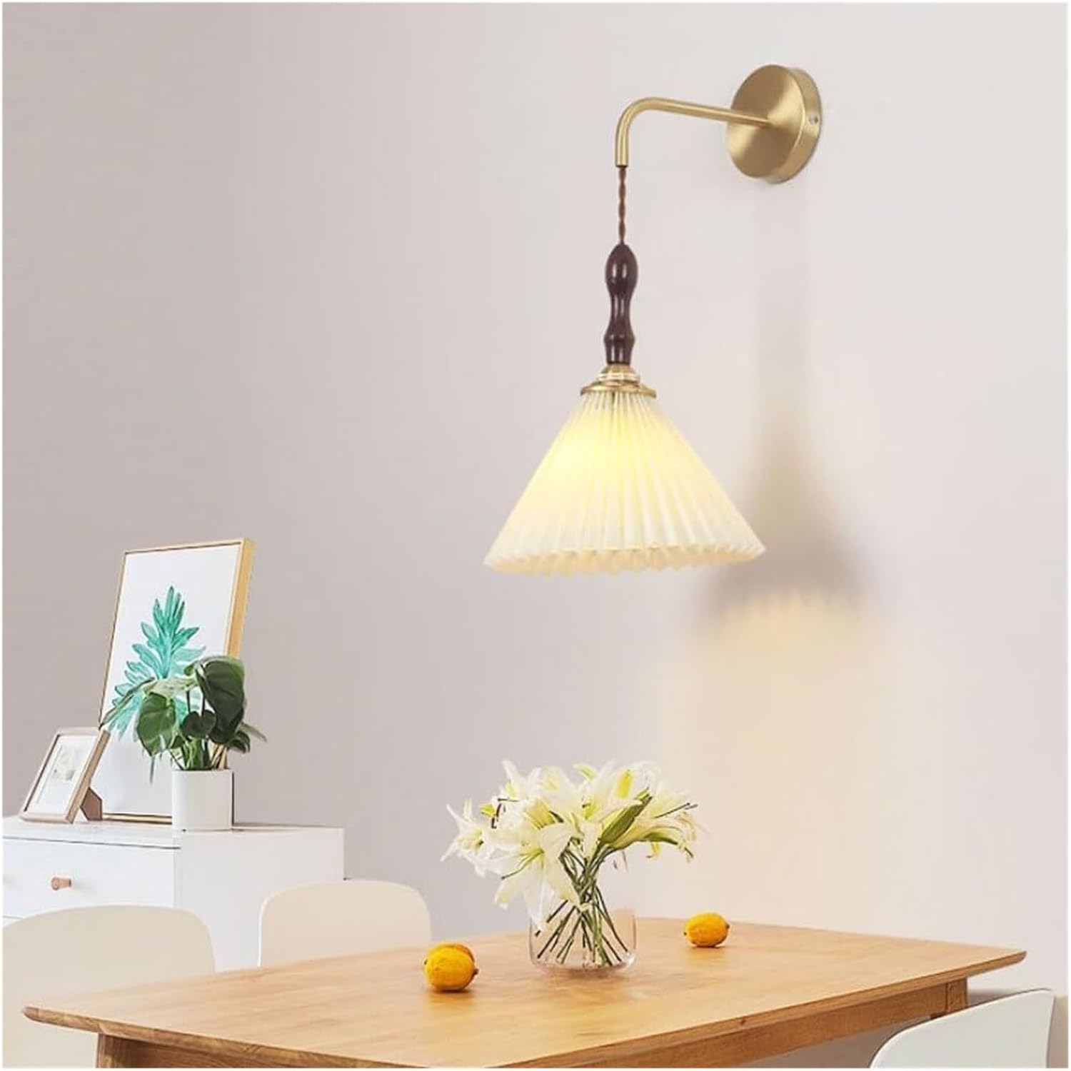 Wall Lamps Sconces Scandinavian Walnut Nightstand Wall Fixture Brass Hallway Accent Light with Pleated Fabric Cover Gold Tone Lamp Indoor Wired Mid-Century Bedroom Mounted Lighting for Bathroom D