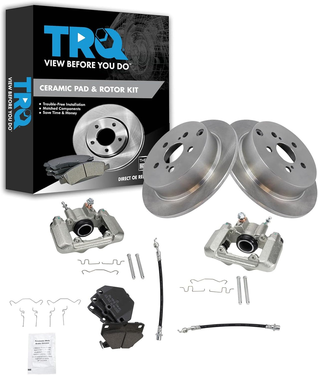 TRQ Rear Brake Pad and Rotor Set Ceramic Rotors Calipers Hoses Compatible with 2000-2005 Toyota Celica
