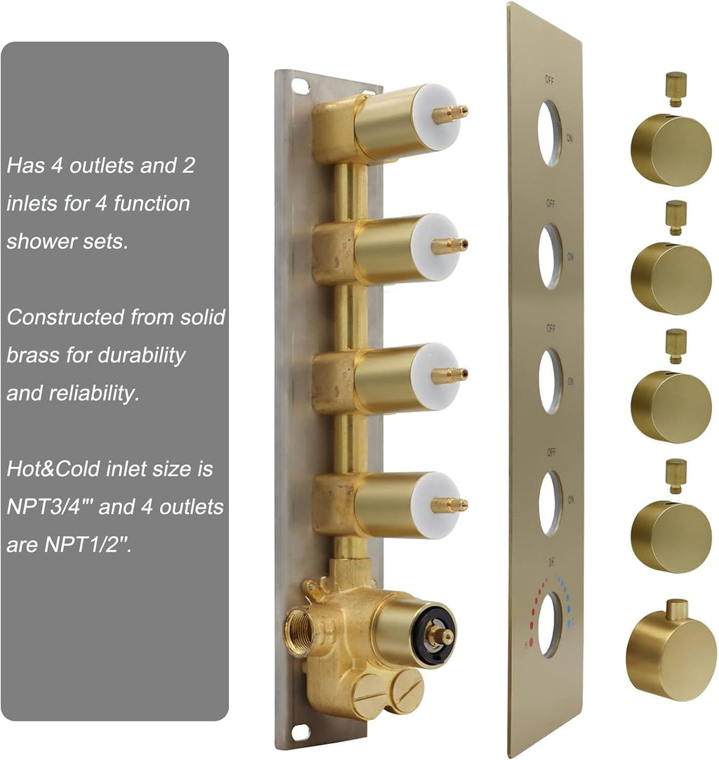 5 Function Thermostatic Shower System 16X24 inch Shower Head Set with 2 Function Handheld Spray, 6 Body Jet, Brushed Gold