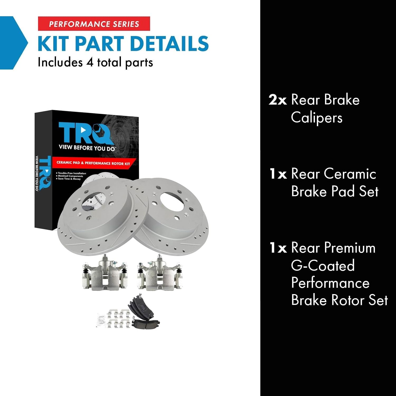 TRQ Performance Rear Brake Pad and Rotor Set Ceramic Coated Drilled Slotted Solid Rotors Calipers Compatible with 2006-2010 Chevrolet Impala 2006-2007 Monte Carlo 2008-2009 Buick LaCrosse