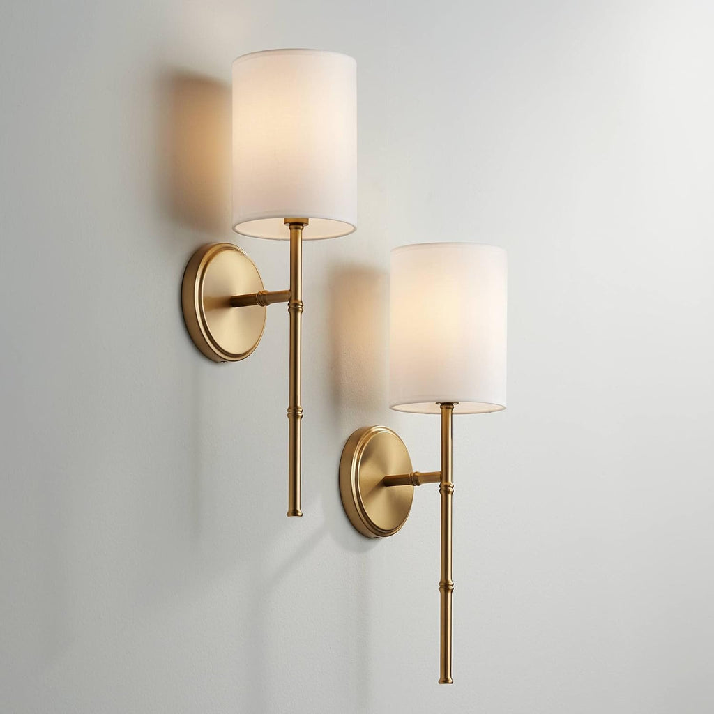Regency Hill Abigale Modern Wall Light Sconces Set of 2 Brass Gold Metal Hardwired 5' Fixture White Fabric Shade for Bedroom Bathroom Vanity Living Room Home Hallway Dining Kitchen House