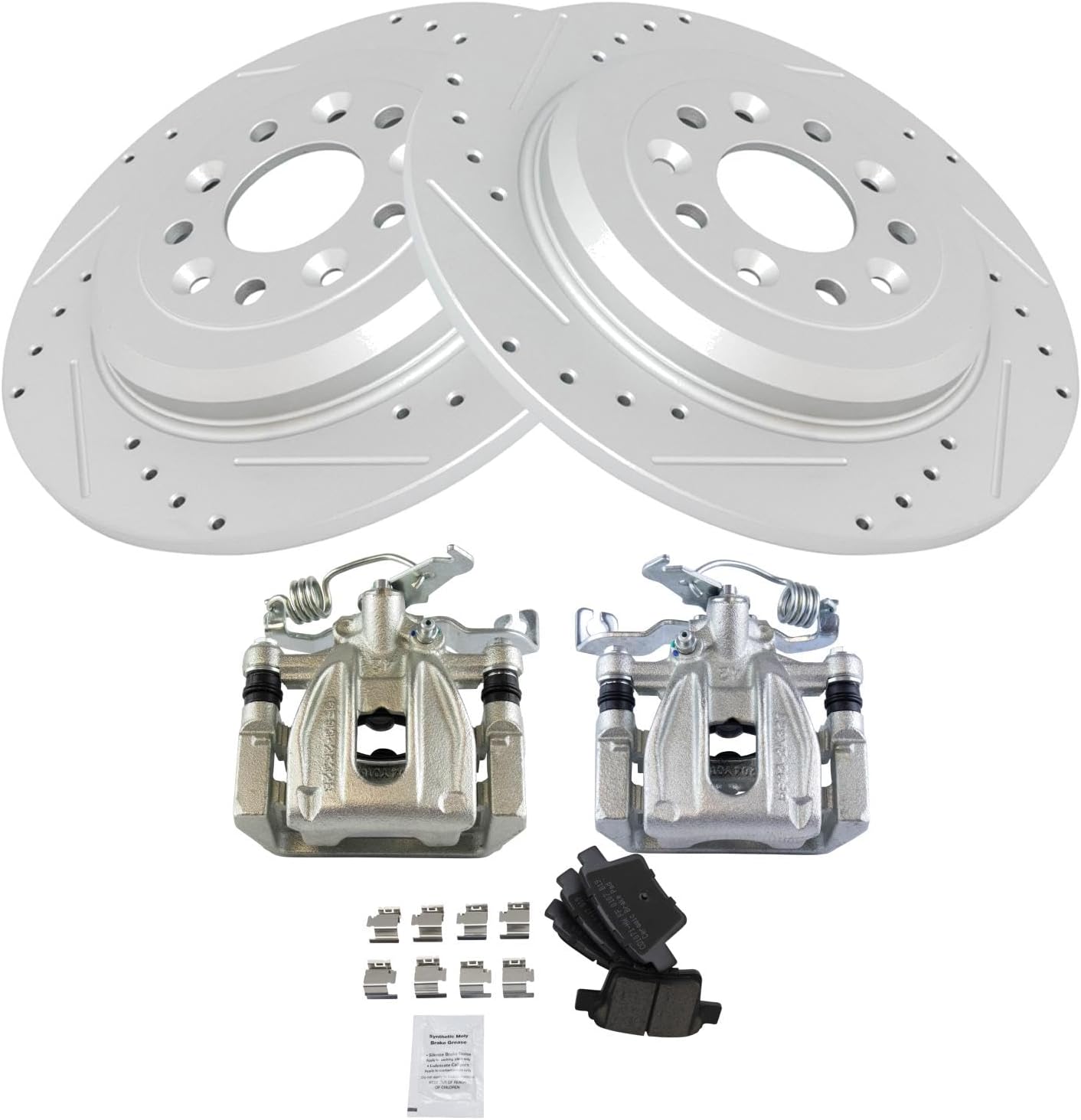 TRQ Performance Rear Brake Pad and Rotor Set Ceramic Coated Drilled Slotted Solid Rotors Calipers Compatible with 05-07 Ford Five Hundred Freestyle Mercury Montego 08-09 Taurus X 08-09 Sable
