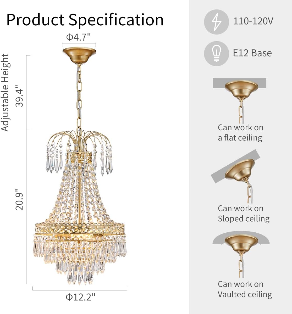 WUZUPS Crystal Chandelier French Empire Flushmount Pendant Ceiling Light Modern Lighting Fixture for Bedroom Hallway Bar Kitchen Bathroom, H 20.9' x W 12.2', Gold, E12 Base