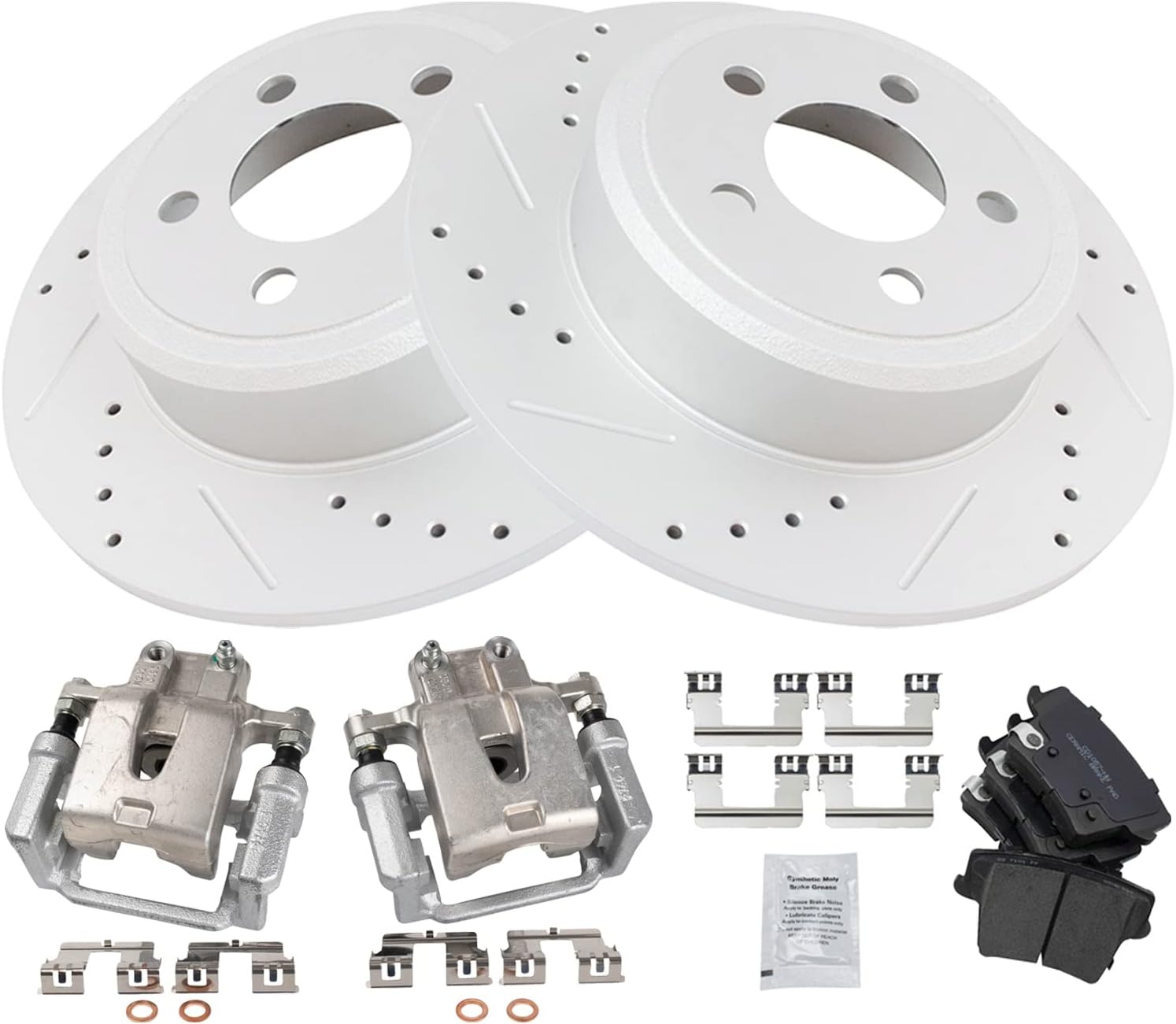 TRQ Performance Rear Brake Pad and Rotor Set Ceramic Solid Rotors Calipers Compatible with 2005-2018 Chrysler 300 2005-2008 Magnum 2006-2016 Dodge Charger 2009-2016 Challenger