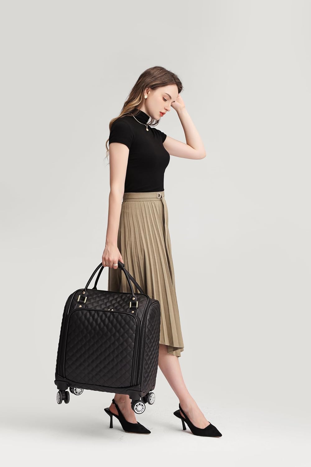 VH&GRED Luxury Carry on Luggage with Wheels Leather Suitcase 16-Inch Lightweight Travel Small Suitcase Diamond Stitching