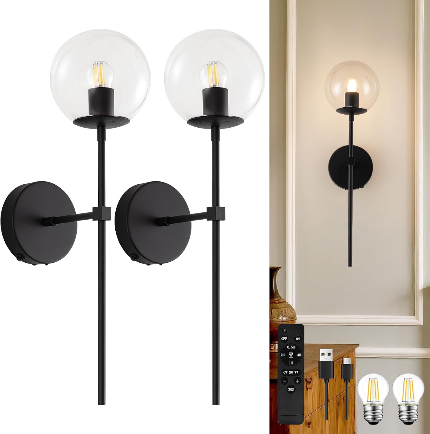 Black Battery Operated wall Sconce Set of 2 Glass Globe 3000~6000K Rechargeable Wall Light Fixture Wireless Wall Lights with Clear Glass Shade for Living Room, Hallway, Bedroom(2 Pack)