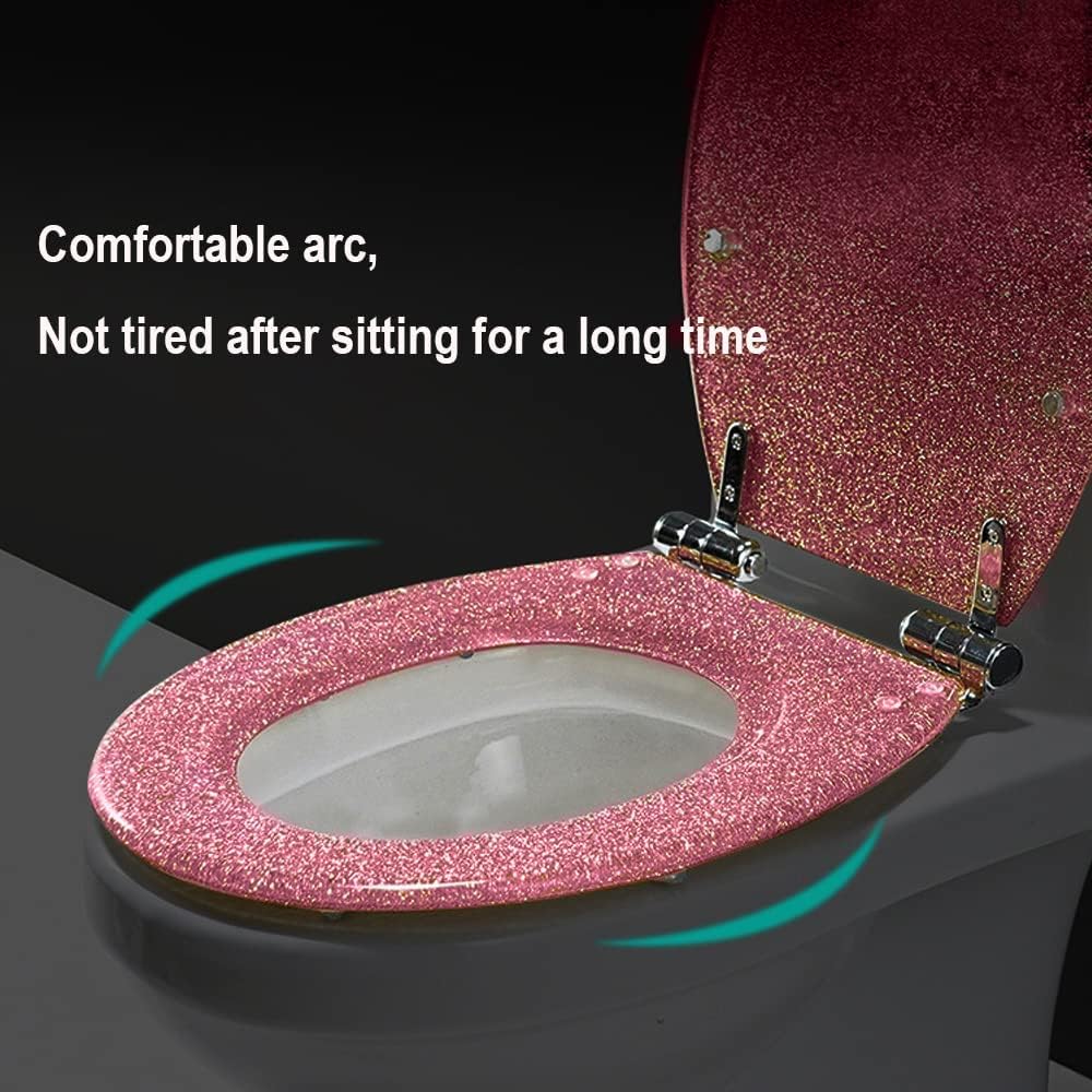 Sparkly Resin Toilet Seat, Elongated Toilet Seat Soft Close, Thicken Toilet Seats, Glitter Toilet Seat Slow Close Bathroom Toilet Lid, Easy Clean & Install, 42 × 36cm,Gold(Pink)