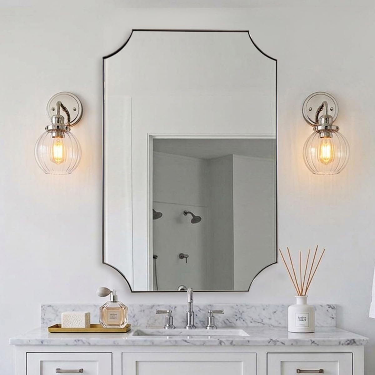 MIRRORART Brushed Nickel Mirrors 24x36 Inch, Contemporary Scalloped Silver Bathroom Mirrors, Notched Corner Rectangle Mirror for Home Remodel in 1'' Stainless Steel Metal Frame Wall Mount Two Ways